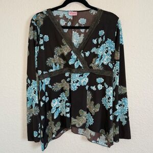 Julies Closet Maternity M/L Brown Floral Babydoll Top Stretch Fairy Flare Sleeve